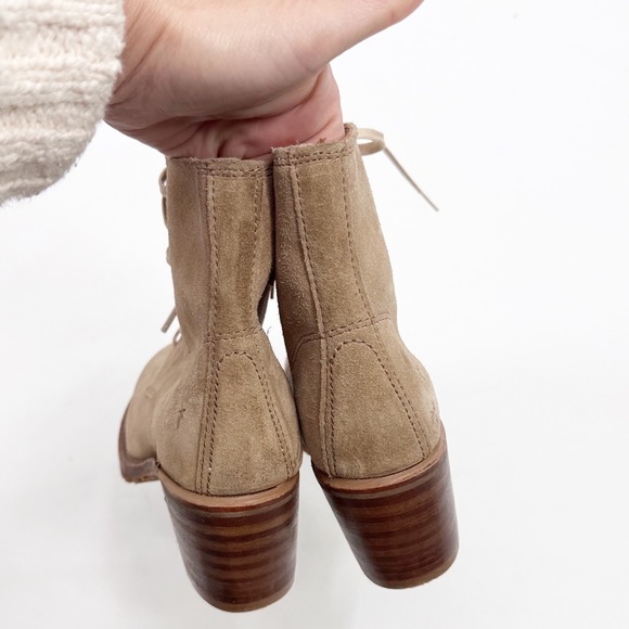 FRYE SABRINA 6G LACE UP Boots Tan Suede Block Heel Ankle Booties size 6 - Picture 3 of 10